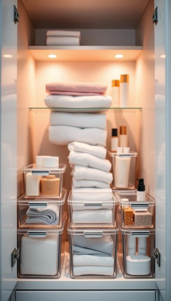 Clear and modern clear bins and containers arranged neatly in a stylish small bathroom cabinet. In the foreground, focus on various sizes of transparent storage bins, filled with bathroom essentials like toiletries, towels, and beauty products, all organized by color. The middle ground features a sleek bathroom cabinet with an elegant, minimalistic design, showcasing the bins against a neutral background. The background includes soft, ambient lighting that gives a warm and inviting atmosphere, with subtle reflections highlighting the clarity of the containers. Use a soft focus lens to create a dreamy effect, making the space feel open and airy. The overall mood is serene and organized, reflecting practical yet chic home decor. This scene embodies the essence of &ldquo;CozyTrendHub&rdquo;, perfect for inspiring effective bathroom organization.