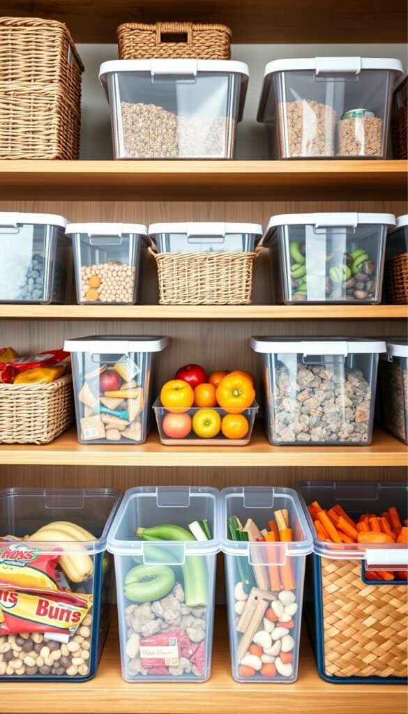 Clear plastic bins and woven baskets in a modern pantry setting, organized neatly on wooden shelves for optimal category-based storage. The foreground features a few open bins showcasing colorful snacks and dry goods, while the middle of the image highlights various sizes of baskets filled with fresh fruits and vegetables, creating a vibrant contrast. The background reveals soft, diffused lighting that enhances the warm tones of the wood and the transparency of the bins. The scene has a cozy, inviting atmosphere, reminiscent of popular Pinterest home decor, with a touch of minimalist elegance. Ideal for an organized small space, inspired by the brand CozyTrendHub.