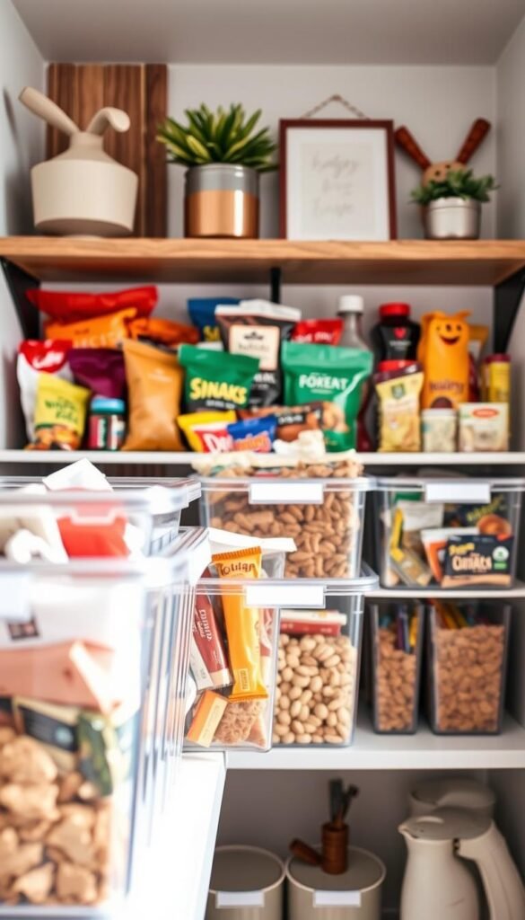Clear plastic bins neatly organized on a stylish kitchen shelf, filled with various snacks, colorful baking supplies, and "grab-and-go" items such as protein bars and dried fruits. The foreground features a close-up of the bins, showcasing their transparent design and contents. In the middle, the organized pantry shelves display a harmonious blend of colors and textures, accentuated by soft, natural lighting that highlights the bins and their contents. In the background, glimpses of rustic wooden shelves and charming kitchen decor create a warm, inviting atmosphere. The scene captures an ideal Pinterest-style lifestyle aesthetic, perfect for the theme of home organization. The overall mood conveys simplicity and efficiency, reflecting a cozy yet modern kitchen environment. Brand name: CozyTrendHub. Clear plastic bins neatly organized on a stylish kitchen shelf, filled with various snacks, colorful baking supplies, and "grab-and-go" items such as protein bars and dried fruits. The foreground features a close-up of the bins, showcasing their transparent design and contents. In the middle, the organized pantry shelves display a harmonious blend of colors and textures, accentuated by soft, natural lighting that highlights the bins and their contents. In the background, glimpses of rustic wooden shelves and charming kitchen decor create a warm, inviting atmosphere. The scene captures an ideal Pinterest-style lifestyle aesthetic, perfect for the theme of home organization. The overall mood conveys simplicity and efficiency, reflecting a cozy yet modern kitchen environment. Brand name: CozyTrendHub.