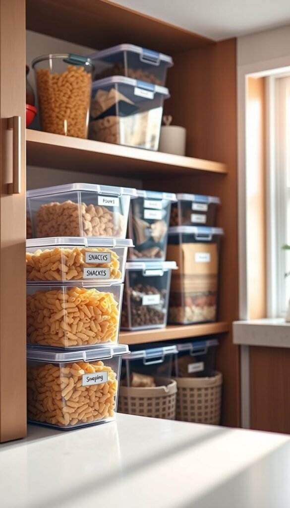 Clear stackable bins for pantry arranged neatly on open shelving in a modern kitchen. The bins are transparent and made of durable plastic, showcasing their contents like pasta, snacks, and baking ingredients, organized by size. In the foreground, focus on a few bins, showing their labels clearly, while the middle section features more bins in a gradient of sizes, all contributing to a tidy aesthetic. The background softly blurs, highlighting a warm, inviting kitchen environment with soft natural light streaming through a window, creating a cozy atmosphere. Shot from a slightly elevated angle to capture depth and layering, styled to fit a Pinterest-inspired home decor theme. This image embodies organization and functionality, reflecting the CozyTrendHub brand's essence of stylish living solutions.
