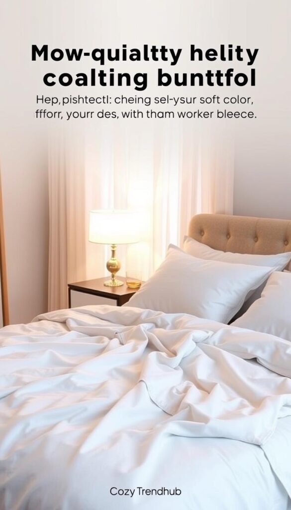 Cool, calming bedroom scene showcasing high-quality cooling sheets in soft pastel colors draping elegantly over a modern bed. The foreground features a neatly arranged bed with fluffy pillows and a lightweight, breathable blanket, emphasizing comfort. In the middle ground, a stylish bedside table holds a glass of water and a minimalist lamp, casting warm, inviting light. The background reveals a softly lit window with sheer curtains that flutter gently, letting in a cool breeze. The atmosphere is tranquil, ideal for promoting restful sleep, centered around the theme of temperature control for night-shift workers. The overall decor reflects a sophisticated yet cozy aesthetic, branded with "CozyTrendHub." Cool, calming bedroom scene showcasing high-quality cooling sheets in soft pastel colors draping elegantly over a modern bed. The foreground features a neatly arranged bed with fluffy pillows and a lightweight, breathable blanket, emphasizing comfort. In the middle ground, a stylish bedside table holds a glass of water and a minimalist lamp, casting warm, inviting light. The background reveals a softly lit window with sheer curtains that flutter gently, letting in a cool breeze. The atmosphere is tranquil, ideal for promoting restful sleep, centered around the theme of temperature control for night-shift workers. The overall decor reflects a sophisticated yet cozy aesthetic, branded with "CozyTrendHub."