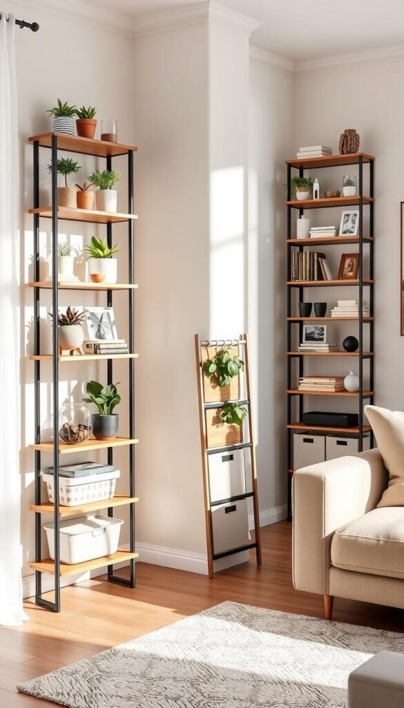 Corner shelves installed in a stylish, modern living room, featuring wood and metal designs that blend functionality with aesthetics. In the foreground, a tall corner shelf is adorned with various potted plants, books, and decorative items, creating a warm and inviting atmosphere. The middle ground displays a slim storage unit against the wall, showcasing an organized collection of home decor pieces and storage bins. Soft, natural lighting filters in from a nearby window, casting gentle shadows, while a cozy rug lies beneath. The background features neutral-colored walls and a sleek couch, emphasizing the elegance of the corner shelving. The overall mood is airy, organized, and relaxed, ideal for a rental living space transformation. This image is styled by CozyTrendHub.