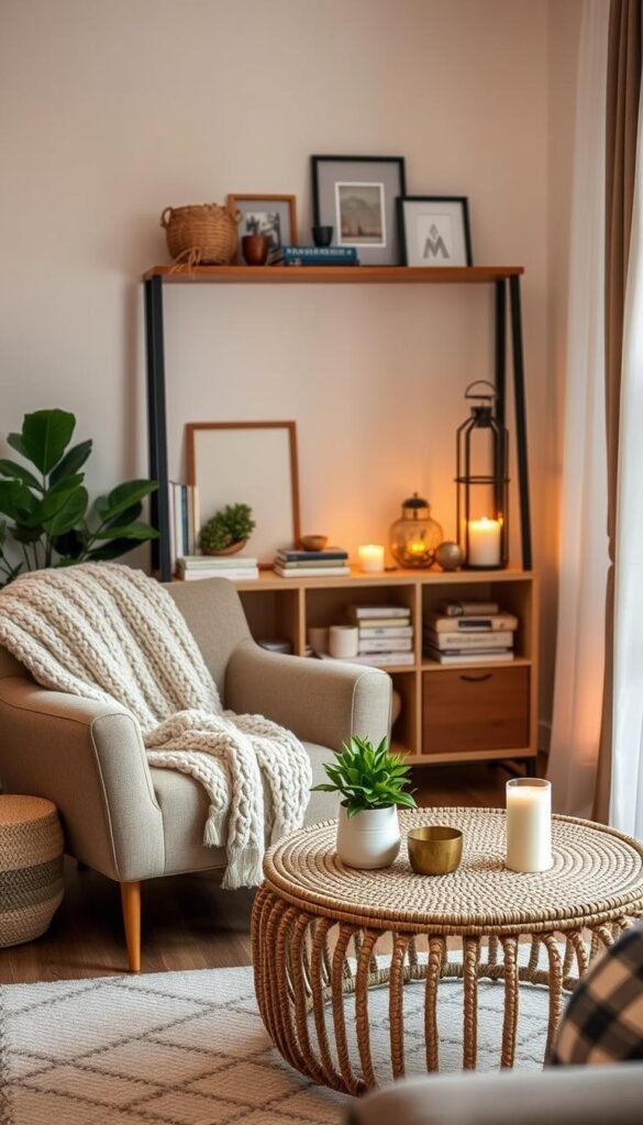 Cozy decor for small spaces with a focus on maximizing comfort. In the foreground, a well-styled, inviting corner features a plush, soft armchair draped with a chunky-knit throw blanket, complemented by a round, woven coffee table adorned with a small potted plant and scented candles. The middle ground reveals a tasteful shelf filled with books and cozy decor items like framed art and a decorative lantern, creating a warm, lived-in feel. In the background, soft, ambient lighting softly illuminates the space through sheer curtains, enhancing the cozy atmosphere. The overall mood is warm and inviting, ideal for a weekend refresh, and inspired by the aesthetic of CozyTrendHub. Photographed with a slight overhead angle to capture the depth and cozy layering of the decor.