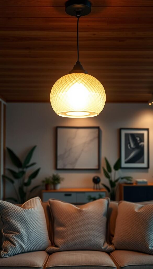 Cozy overhead lighting design featuring a softly glowing pendant light made of rippled glass against a warm wooden ceiling. The foreground showcases a beautifully arranged cozy living room with a plush, neutral-colored sofa adorned with textured cushions. In the middle, the gently illuminating pendant casts a warm, inviting glow, highlighting elegant decor like potted plants and a stylish coffee table. The background displays a softly lit wall adorned with artwork that complements the serene ambiance. The scene captures a peaceful evening atmosphere, evoking a sense of comfort and relaxation, perfect for an inviting home environment. The lighting is subtle and inviting, creating a soft shadow play across the room, embodying the essence of "CozyTrendHub" aesthetic. Cozy overhead lighting design featuring a softly glowing pendant light made of rippled glass against a warm wooden ceiling. The foreground showcases a beautifully arranged cozy living room with a plush, neutral-colored sofa adorned with textured cushions. In the middle, the gently illuminating pendant casts a warm, inviting glow, highlighting elegant decor like potted plants and a stylish coffee table. The background displays a softly lit wall adorned with artwork that complements the serene ambiance. The scene captures a peaceful evening atmosphere, evoking a sense of comfort and relaxation, perfect for an inviting home environment. The lighting is subtle and inviting, creating a soft shadow play across the room, embodying the essence of "CozyTrendHub" aesthetic.