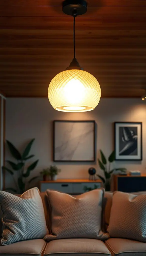 Cozy overhead lighting design featuring a softly glowing pendant light made of rippled glass against a warm wooden ceiling. The foreground showcases a beautifully arranged cozy living room with a plush, neutral-colored sofa adorned with textured cushions. In the middle, the gently illuminating pendant casts a warm, inviting glow, highlighting elegant decor like potted plants and a stylish coffee table. The background displays a softly lit wall adorned with artwork that complements the serene ambiance. The scene captures a peaceful evening atmosphere, evoking a sense of comfort and relaxation, perfect for an inviting home environment. The lighting is subtle and inviting, creating a soft shadow play across the room, embodying the essence of "CozyTrendHub" aesthetic.
