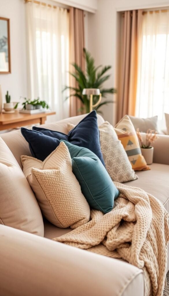 CozyTrendHub presents a beautifully arranged living room scene featuring an assortment of stylish pillows and textured throws. In the foreground, a plush sofa adorned with a variety of decorative pillows in soft pastels, deep blues, and warm earth tones is highlighted. The pillows exhibit different patterns, including geometric shapes and floral designs, adding visual interest. In the middle ground, a cozy knitted throw is casually draped over the armrest, inviting relaxation. The background showcases a softly lit room with warm, natural light filtering through sheer curtains, creating a serene atmosphere. A stylish coffee table with a small potted plant adds an intimate touch. The image is taken from a slightly elevated angle that captures the inviting arrangement, evoking a sense of comfort and style. CozyTrendHub presents a beautifully arranged living room scene featuring an assortment of stylish pillows and textured throws. In the foreground, a plush sofa adorned with a variety of decorative pillows in soft pastels, deep blues, and warm earth tones is highlighted. The pillows exhibit different patterns, including geometric shapes and floral designs, adding visual interest. In the middle ground, a cozy knitted throw is casually draped over the armrest, inviting relaxation. The background showcases a softly lit room with warm, natural light filtering through sheer curtains, creating a serene atmosphere. A stylish coffee table with a small potted plant adds an intimate touch. The image is taken from a slightly elevated angle that captures the inviting arrangement, evoking a sense of comfort and style.