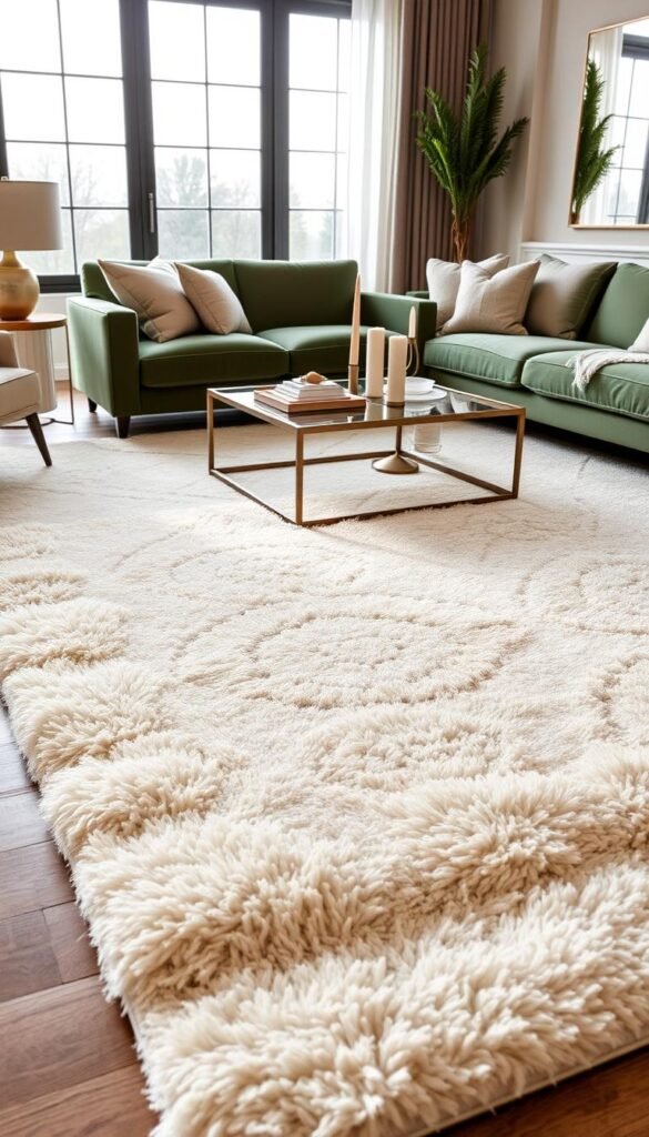 CozyTrendHub presents a beautifully styled living room featuring high-pile and layerable rugs that evoke warmth and sophistication. In the foreground, a plush, cream-colored area rug with intricate patterns lies atop a wooden floor, inviting coziness. The middle ground showcases elegant furniture with soft textures, such as a muted green velvet sofa adorned with neutral throw pillows. A stylish coffee table rests on the rug, displaying a few tasteful home decor accents, like candles and a small potted plant. In the background, large windows allow soft, natural light to fill the room, enhancing the inviting atmosphere. The overall mood is serene and aesthetically pleasing, perfect for a modern home decor setting. The image captures the essence of stylish comfort, emphasizing the rugs as a focal point in the harmonious decor. CozyTrendHub presents a beautifully styled living room featuring high-pile and layerable rugs that evoke warmth and sophistication. In the foreground, a plush, cream-colored area rug with intricate patterns lies atop a wooden floor, inviting coziness. The middle ground showcases elegant furniture with soft textures, such as a muted green velvet sofa adorned with neutral throw pillows. A stylish coffee table rests on the rug, displaying a few tasteful home decor accents, like candles and a small potted plant. In the background, large windows allow soft, natural light to fill the room, enhancing the inviting atmosphere. The overall mood is serene and aesthetically pleasing, perfect for a modern home decor setting. The image captures the essence of stylish comfort, emphasizing the rugs as a focal point in the harmonious decor.