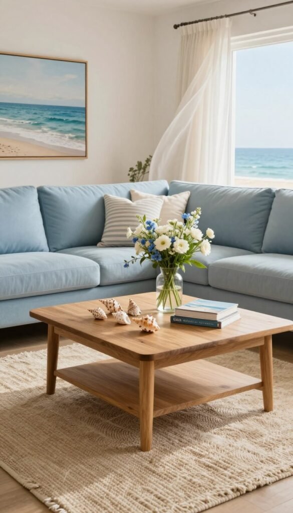 CozyTrendHub presents a serene coastal elements living room decor, evoking a relaxed summer atmosphere. In the foreground, a soft, textured area rug in sandy beige anchors the space. A light blue sectional sofa, adorned with subtle striped pillows, invites comfort. In the middle, a wooden coffee table displays seashells and a few beach-themed coffee table books. An elegant glass vase filled with fresh white and blue flowers adds a hint of nature. The background features airy, sheer curtains gently billowing in a sea breeze, and a large, framed ocean landscape painting hangs on the wall. The scene is bathed in warm, natural light, creating a welcoming ambiance. The angle is a cozy, inviting perspective, highlighting the harmony of coastal elements without overwhelming the viewer.