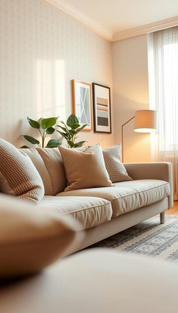 CozyTrendHub presents a stylish apartment interior featuring renter-friendly wall decor updates. In the foreground, a cozy living room showcases a soft beige sofa adorned with textured throw pillows in muted tones. In the middle ground, feature walls painted in calming pastel shades display removable wallpaper with subtle geometric patterns and framed artwork. A stylish indoor plant stands beside the sofa, adding a touch of greenery. The background features a soft and inviting area rug and a floor lamp casting warm, ambient light. The scene is captured from a low angle, emphasizing depth and inviting atmosphere, with natural light streaming through a nearby window, creating a bright, serene environment perfect for modern apartment living. The mood reflects warmth, comfort, and contemporary elegance, ideal for neutral decor inspiration.