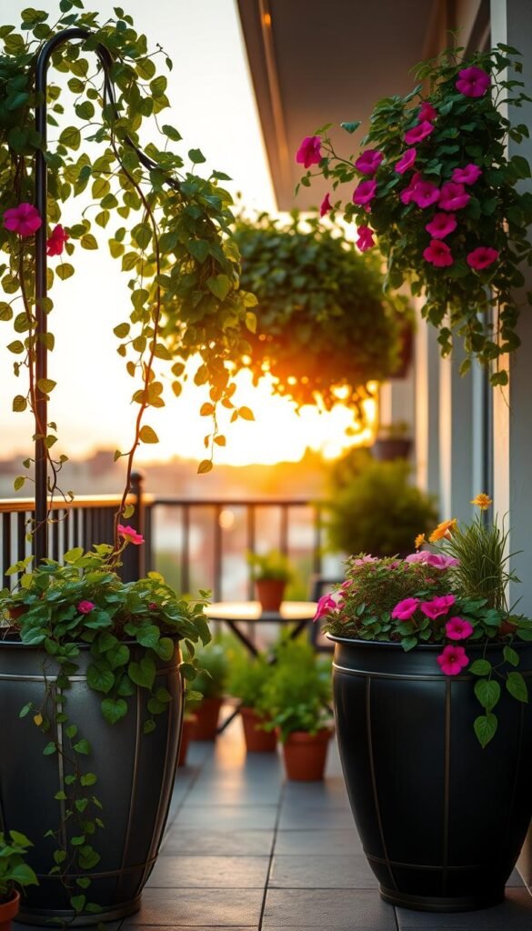 CozyTrendHub presents a vibrant balcony scene adorned with elegant planters, each filled with a mix of colorful flowers and lush greenery. In the foreground, display two stylish metal planters, one with trailing ivy and the other with bright geraniums, showcasing a modern design. The middle ground features a cozy, inviting seating area with a small table surrounded by potted herbs, creating a functional space for relaxation and gardening. In the background, a soft sunset casts warm golden light, accentuating the greenery and creating a serene atmosphere. Use a shallow depth of field to blur the background slightly, emphasizing the planters while maintaining an inviting outdoor ambiance. The overall mood should be peaceful and inspiring, perfect for a balcony retreat.