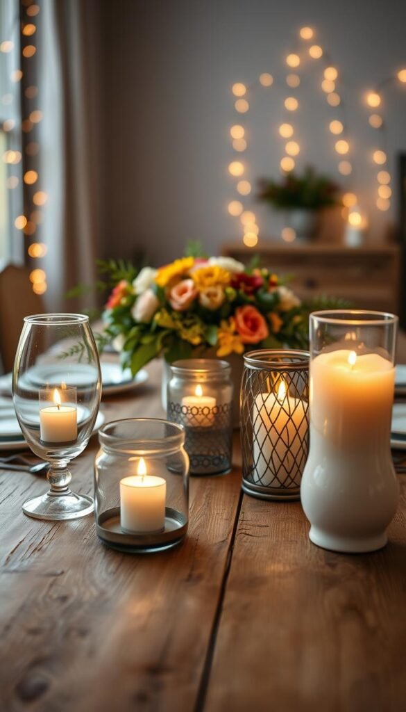 CozyTrendHub presents an inviting, atmospheric scene featuring elegant candleholders on a dining table. The foreground showcases a rustic wooden table adorned with three varied candleholders&mdash;one made of elegant glass, another intricately designed metal, and a third in classic ceramic. Flickering candles within them cast warm, soft glows, enhancing the inviting ambiance. In the middle, place a stylishly arranged centerpiece of seasonal flowers and lush greenery to complement the candleholders. In the background, hint at a softly lit dining room with muted, neutral tones, accentuated by subtle fairy lights in soft focus to create a cozy atmosphere. Use natural, warm lighting and a shallow depth of field to emphasize the candleholders while softly blurring the background. The scene evokes feelings of warmth, relaxation, and togetherness, perfect for a cozy dining experience.