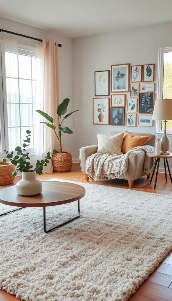 CozyTrendHub showcases a beautifully styled living room corner designed for aesthetic home decor. In the foreground, a plush, neutral-toned area rug anchors a simple coffee table adorned with a trendy ceramic vase and fresh eucalyptus, creating a sense of harmony. The middle layer features a cozy, oversized armchair draped with a soft knitted blanket and adorned with an array of decorative pillows in warm earth tones. In the background, large windows allow soft, natural light to filter through sheer curtains, highlighting a curated gallery wall of art prints and botanical elements. The room has a calm, inviting atmosphere, perfect for elevating everyday spaces, with an overall Pinterest-style appeal.