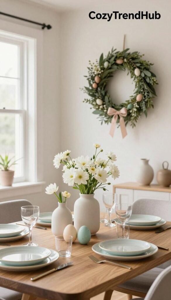 Create a Pinterest-style lifestyle image showcasing modern Easter home decor ideas for a stylish spring refresh. In the foreground, feature an elegant dining table set with pastel-colored dishes, minimalistic ceramic vases filled with fresh white flowers, and decorative Easter eggs in soft hues arranged artfully. The middle of the image should include subtle seasonal decor elements, like a chic wreath made of greenery and pastel accents hanging on the wall. In the background, provide a glimpse of a well-decorated living space with natural light streaming through large windows, enhancing the airy, bright atmosphere. Use warm lighting to evoke a welcoming vibe, and capture the scene from a slightly elevated angle for a clean perspective. This image should embody the essence of modern Easter decor without feeling overdone. Inspired by the brand CozyTrendHub.