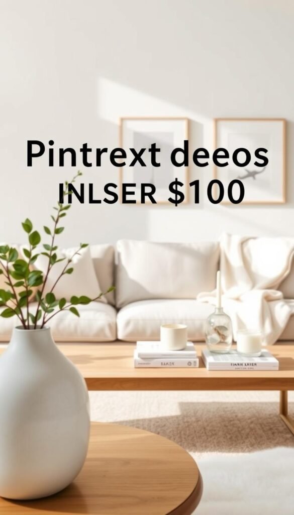 Create a bright and airy Pinterest-style lifestyle photo showcasing a curated selection of minimalist decor items under $100. In the foreground, display a stylish, simple ceramic vase with fresh greenery, and a sleek, neutral-toned throw blanket artfully draped over a soft, modern sofa. In the middle, place an elegant wooden coffee table featuring a few minimalistic, decorative books and a beautifully crafted candle. In the background, depict a soft, muted wall color that enhances the tranquil atmosphere, with minimalist art pieces framed simply. Use natural daylight as the lighting, creating a warm and inviting mood, captured from a slightly elevated angle to provide depth. The overall vibe should feel calm and refreshing, embodying the essence of CozyTrendHub's aesthetic.