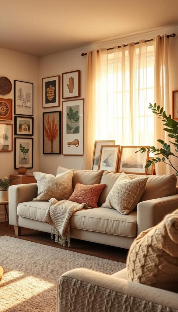 Create a cozy apartment interior featuring renter-friendly wall art that doesn't require paint or nails. In the foreground, display a stylish arrangement of removable wall decals and framed fabric wall hangings, using warm tones and natural textures. In the middle ground, include a plush sofa adorned with soft cushions and a knitted throw, stylishly positioned beneath a gallery wall of art pieces. In the background, add a large window letting in soft, golden afternoon light, with sheer curtains gently billowing. The atmosphere should be inviting and stylish, conveying warmth. Use a natural lens perspective to capture the details effectively, ensuring a Pinterest-worthy aesthetic. This image reflects brand ethos of "CozyTrendHub."