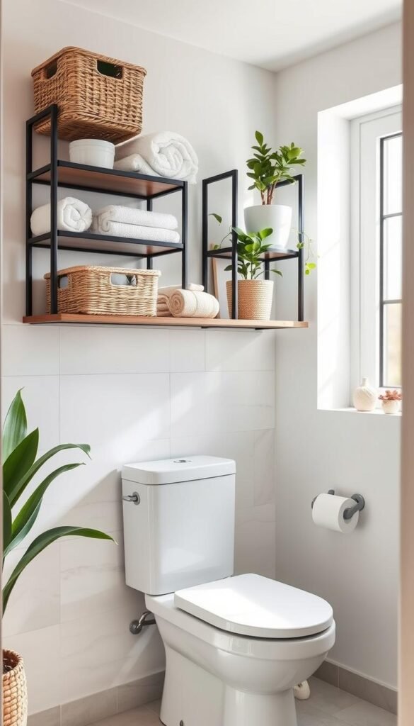 Create a cozy bathroom scene featuring stylish toilet storage shelves above a compact toilet. In the foreground, the shelves are filled with neatly organized bath essentials&mdash;decorative baskets, rolled towels, and potted plants. The middle section includes a modern toilet positioned against a light, neutral wall with subtle tiles. Soft natural light streams in from a nearby window, highlighting the elegant arrangements. In the background, a serene atmosphere is enriched with a soothing color palette of greens and whites, complemented by minimalistic decor like a small artwork or mirror. Capture the essence of a Pinterest-worthy lifestyle photo, showcasing smart storage solutions that enhance a small bathroom space. This image should embody the brand "CozyTrendHub".