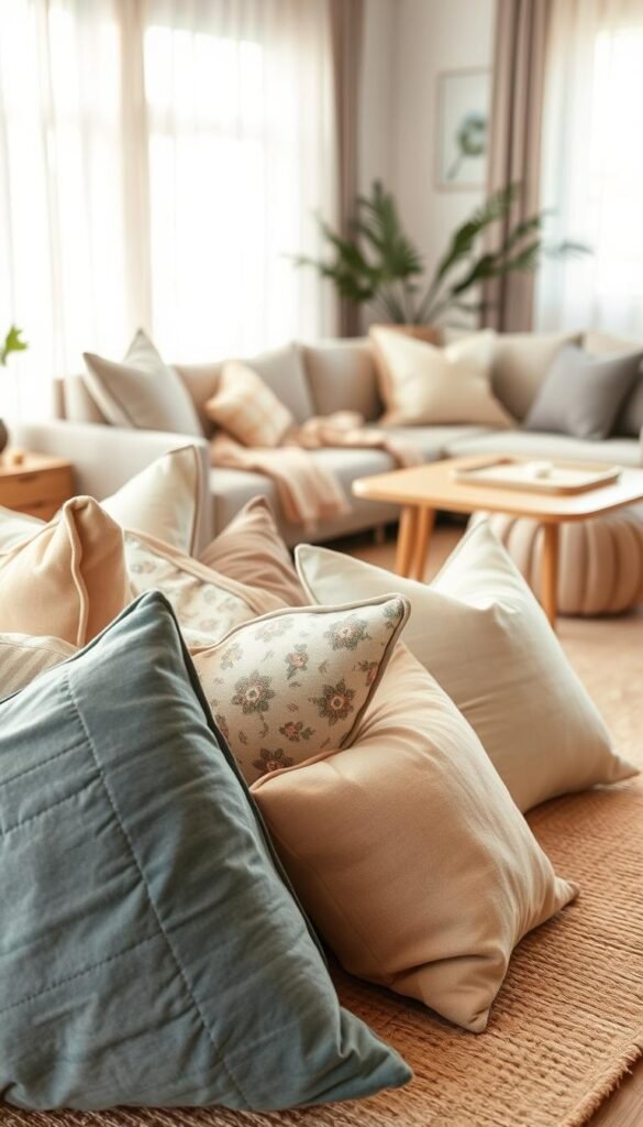 Create a cozy living room scene featuring a variety of plush pillows in soft, neutral tones and a beautifully textured area rug. In the foreground, arrange a cluster of decorative pillows with different patterns, such as geometric and floral, contrasting against a warm, inviting rug with a subtle natural weave. The middle ground should showcase a stylishly furnished couch adorned with more cushions, complemented by a small coffee table adorned with a cozy throw. In the background, include soft natural light filtering through sheer curtains, creating a warm atmosphere. Use a shallow depth of field to emphasize the pillows and rug while softly blurring the background. Capture this aesthetic in a bright, airy setting reminiscent of Pinterest-style home decor, highlighting the brand "CozyTrendHub" for a modern, inviting vibe perfect for everyday luxury.