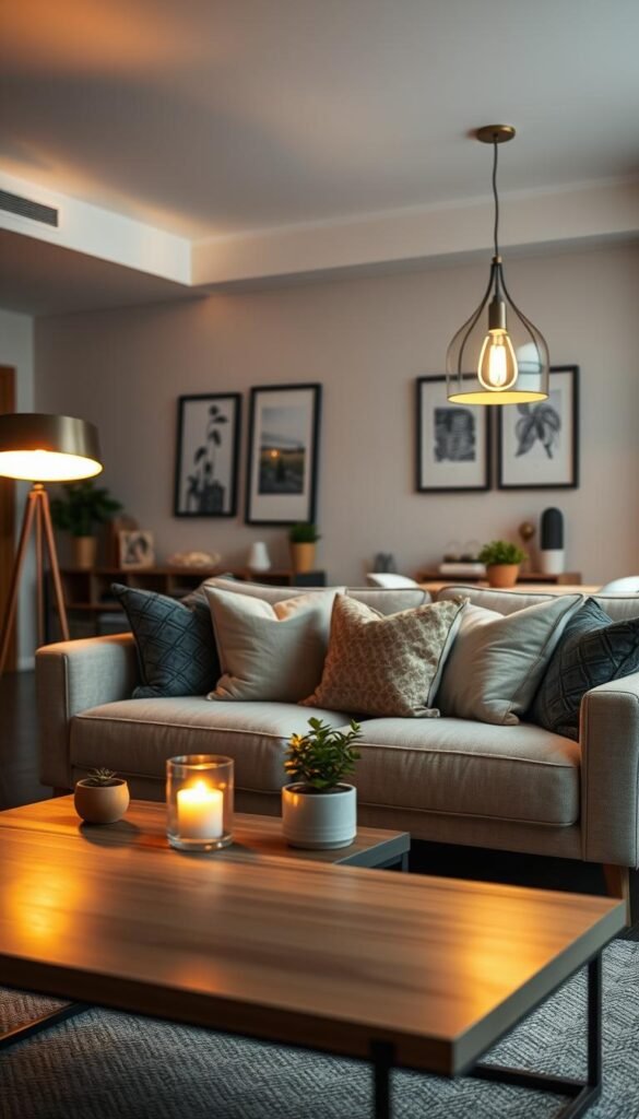 Create a cozy living room scene that showcases a layered lighting plan. In the foreground, feature a stylish coffee table with decorative elements, like a small plant and a candle. In the middle, include a modern sofa adorned with plush cushions, illuminated by warm ambient lighting from a stylish floor lamp on one side. Add a pendant light hanging elegantly above a small dining area in the background, casting a soft glow. The background should show tasteful wall art and a bookshelf with cozy decor, suggesting depth in the space. Capture the scene with a slightly elevated angle, emphasizing the interplay of light and shadow to evoke an inviting, warm atmosphere. Ensure the overall aesthetic aligns with CozyTrendHub&rsquo;s design ethos.