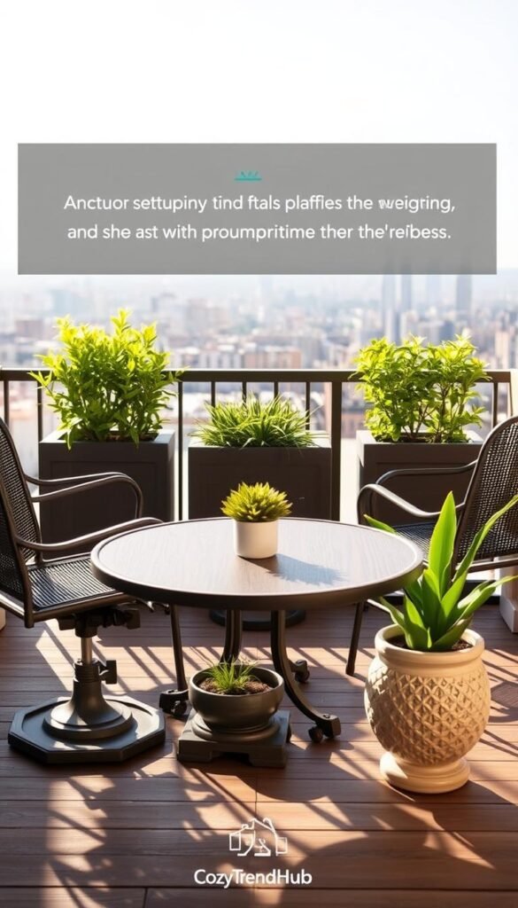 Create a cozy outdoor balcony scene that illustrates effective setup and anchoring tips for windy environments. In the foreground, display a sturdy, stylish table with anchored chairs featuring weighted bases, and decorative planters with secure, weighted bottoms. In the middle section, include vibrant green plants gently swaying in a light breeze, showcasing how to position them to prevent tipping. The background should feature a panoramic view of a city skyline under a clear sky, bathed in warm sunlight to enhance the inviting atmosphere. Use a soft focus lens effect to convey a serene mood, emphasizing the comfort of outdoor living. Include the CozyTrendHub brand subtly integrated into the scene for a homely touch.