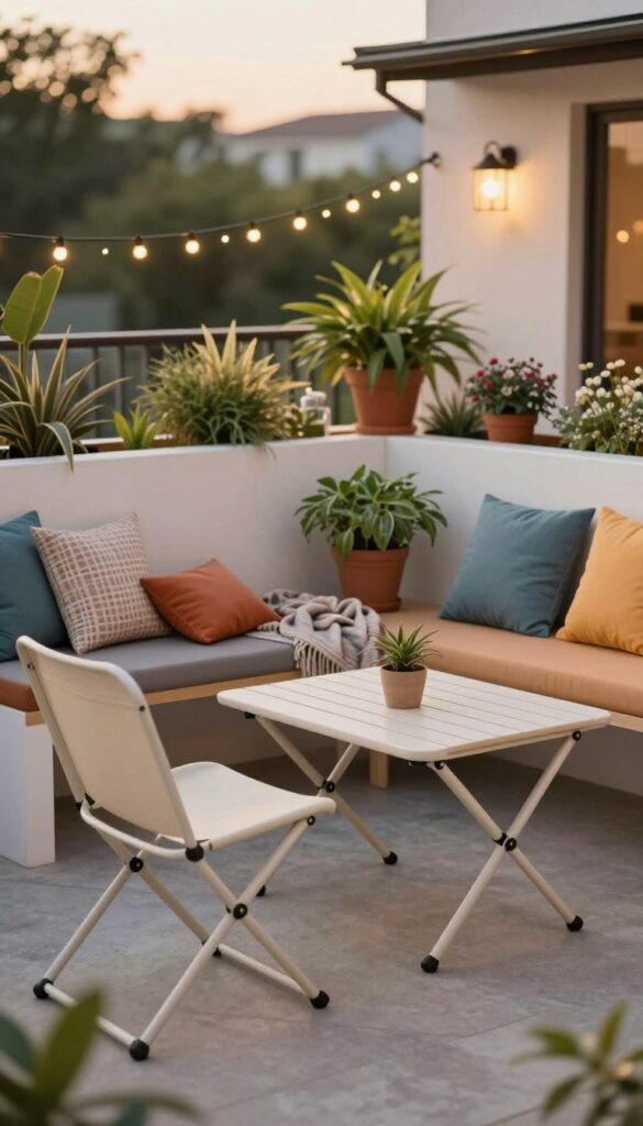 Create a cozy outdoor scene featuring innovative small-space seating solutions that are stylish and budget-friendly. In the foreground, display a sleek, foldable bistro set made of lightweight, weather-resistant materials, adorned with colorful cushions. The middle ground should showcase a compact bench with built-in storage, accented with potted plants and a throw blanket. In the background, include a vibrant garden or balcony setting with string lights that enhance the inviting atmosphere. Capture this scene during the golden hour for warm, soft lighting, with a slightly blurred depth of field to emphasize the seating area. The overall mood should be relaxed and welcoming, in line with the aesthetic of CozyTrendHub.