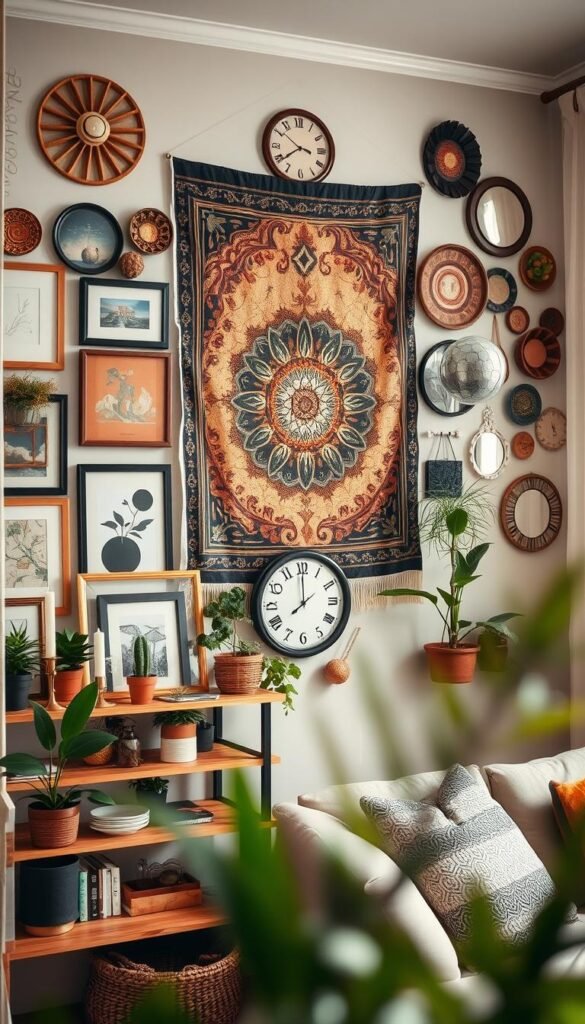 Create a cozy, stylish apartment wall featuring an array of aesthetic decor elements that add personality without the need for painting. In the foreground, showcase a wooden shelf adorned with potted plants, candle holders, and framed art prints. In the middle, hang a large, eye-catching tapestry with abstract designs and warm colors. Include a vintage clock and a variety of wall-mounted decor, such as mirrors and decorative plates. In the background, let soft, natural light filter through sheer curtains, illuminating the space with a warm glow. Use a lens that creates a beautifully blurred depth of field, focusing attention on the decor while hinting at a comfortable living area. Capture the inviting atmosphere of a chic rental space, reflecting a Pinterest-worthy lifestyle. Brand this image with "CozyTrendHub."