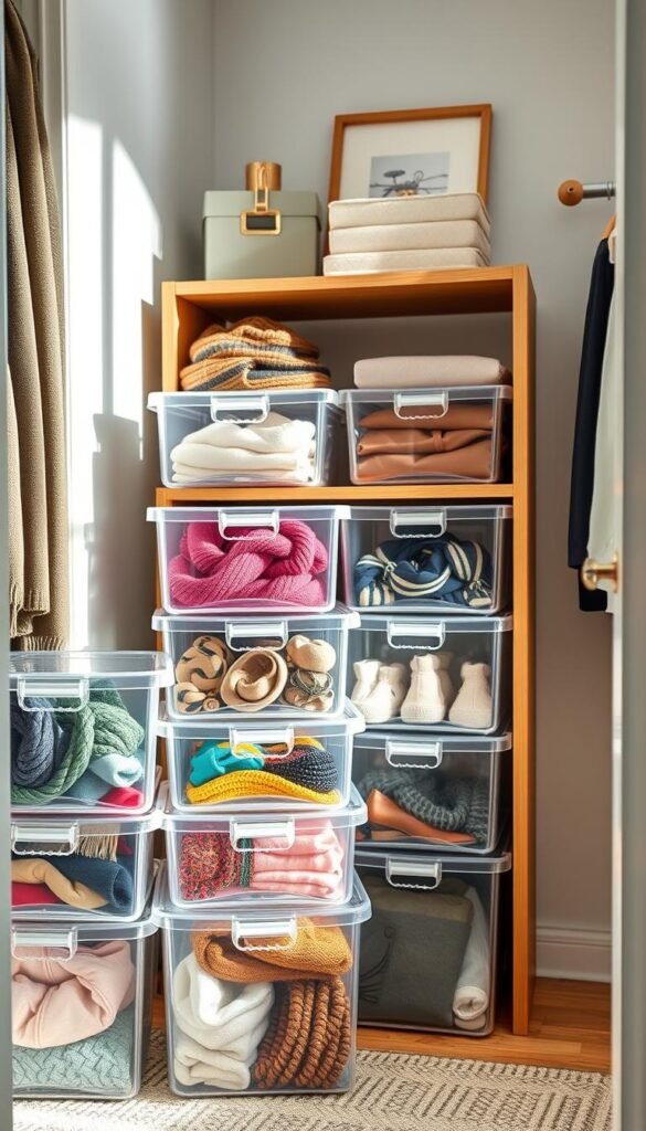 Create a cozy, well-organized closet scene featuring stackable clear open bins filled with neatly arranged items. In the foreground, showcase several bins of varying sizes, filled with colorful accessories like scarves, belts, and small storage items. Highlight their transparent nature, allowing viewers to easily see the contents. In the middle ground, include a beautifully designed wooden shelf where the bins are stacked, showcasing an efficient use of vertical space. Reference modern decor with soft lighting to create a warm and inviting atmosphere, casting gentle shadows that enhance depth. The background should feature neutral-toned walls and a glimpse of stylish closet accessories, embodying a chic lifestyle. Make the scene feel relatable and practical, reflecting the ethos of "CozyTrendHub."