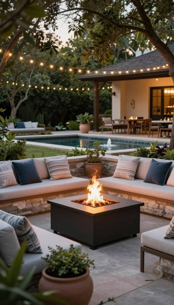 Create a serene outdoor patio scene featuring a stylish, budget-friendly fire pit surrounded by cozy seating options such as cushioned benches and elegant accent pillows. Incorporate a graceful water feature, like a small fountain or pond, that adds a tranquil ambiance. The foreground showcases natural greenery and decorative planters, while the middle ground has the fire pit crackling with warm flames, casting soft light over the area. In the background, lush trees and twinkling fairy lights drape overhead, enhancing the resort-like vibe. The overall atmosphere is relaxed and inviting, perfect for evening gatherings. Capture this scene in soft, warm lighting during golden hour for an intimate feel, using a wide-angle lens to create depth. Embrace the essence of "Affordable Fire and Water Features for Cozy, 'Resort' Vibes" by depicting a beautifully curated outdoor space inspired by CozyTrendHub.