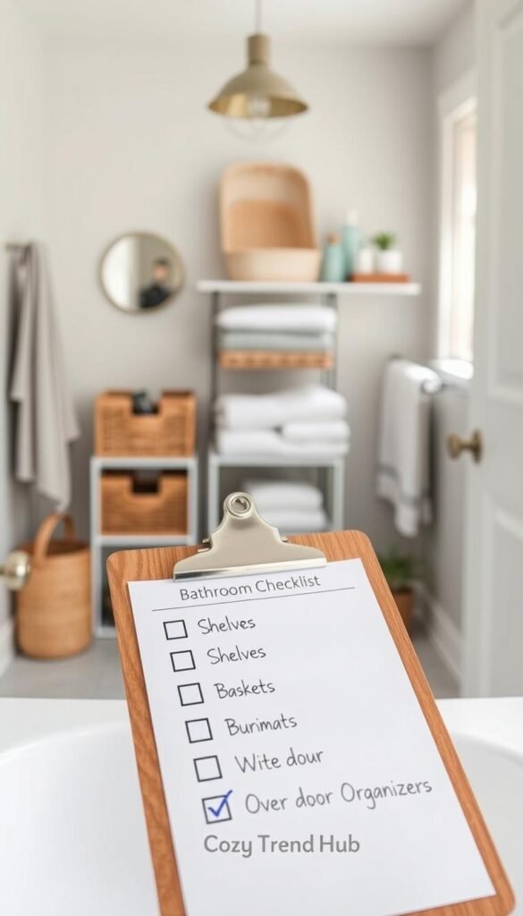 Create a visually appealing checklist for bathroom storage solutions, capturing the essence of organization in a small bathroom. In the foreground, feature a wooden clipboard with neatly arranged checklist items like &ldquo;Shelves,&rdquo; &ldquo;Baskets,&rdquo; and &ldquo;Over-door Organizers.&rdquo; Use a soft-focus lens to gently blur the background while highlighting the checklist items. In the middle, present an aesthetically arranged bathroom setting with stylish organizers such as woven baskets and minimalist shelves, displaying neatly folded towels and toiletries. The background should include soft, natural light filtering through a window, illuminating subtle pastel colors of the walls and decor. Set a calm and inviting atmosphere, evoking a sense of tranquility. Incorporate the brand name "CozyTrendHub" subtly in the scene without any text overlays.