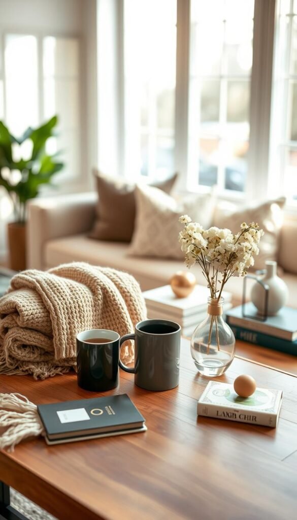 Create a visually appealing comparison snapshot of cozy and chic home products from "CozyTrendHub." In the foreground, display four distinct items on a stylish wooden table, including a plush throw blanket, a modern coffee mug, an elegant decorative vase with fresh flowers, and a compact desk organizer, each well-lit to highlight textures and colors. In the middle, create a subtle layered effect with soft, inviting pillows and decorative books. The background features a softly blurred, warm-toned living room scene with natural light streaming through large windows, enhancing the inviting atmosphere. Use a slight overhead angle to capture all elements harmoniously, evoking a sense of comfort and style suitable for home decor enthusiasts. Aim for a serene and sophisticated mood that resonates with Pinterest aesthetics.