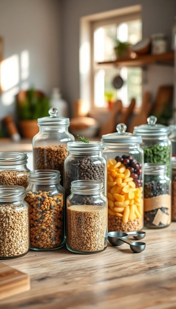 Create a visually appealing image featuring a collection of clear glass jars and canisters filled with various pantry staples like grains, spices, and dried fruits. In the foreground, place several beautifully arranged jars of different sizes, showcasing their contents in an organized manner. The middle ground should include a wooden kitchen counter adorned with a few sprigs of herbs and measuring spoons, enhancing the homey feel. In the background, softly blur a cozy kitchen setting with warm, natural lighting streaming through a window, casting gentle shadows. Use a 50mm lens angle to capture the essence of functional yet stylish pantry storage. The overall mood should evoke a sense of warmth and organization, suitable for a Pinterest-style lifestyle photo from CozyTrendHub.