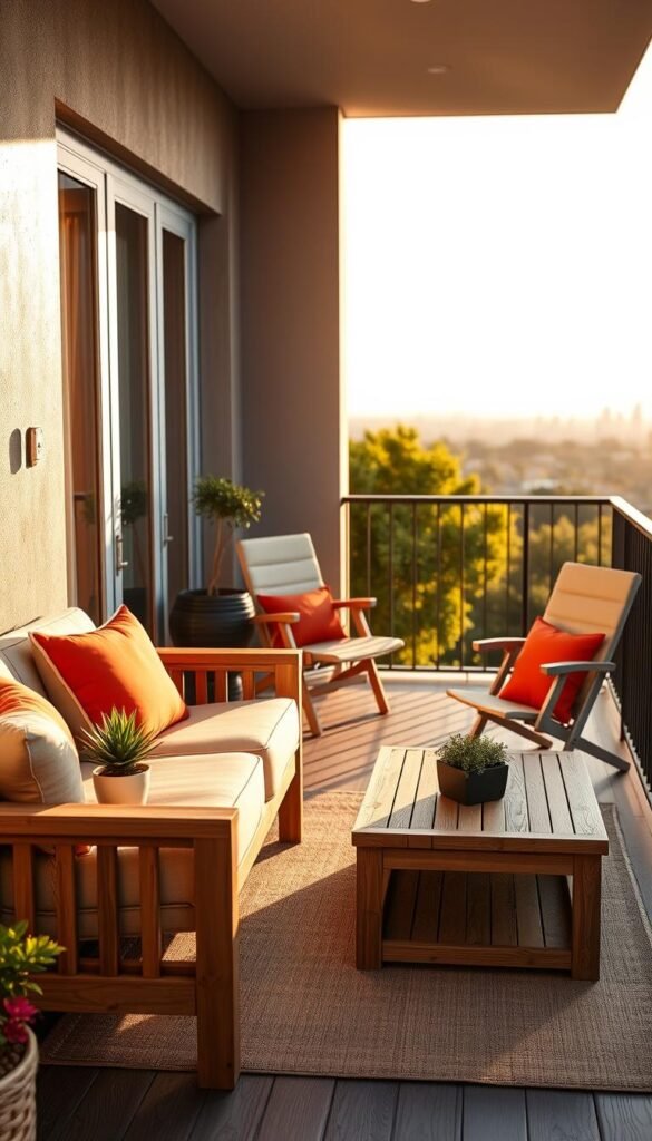 Durable balcony furniture arranged elegantly on a sunlit balcony, showcasing weather-resistant materials like teak wood and aluminum with rust-proof cushions in vibrant colors. In the foreground, a cozy two-seater sofa with plump, inviting cushions and a stylish coffee table adorned with a small succulent plant, exuding comfort and practicality. The middle shows a folding chair that can endure the elements, paired with an outdoor rug that adds warmth. In the background, a stunning cityscape or lush greenery creates a serene atmosphere, with soft sunlight filtering through. Capture this scene using a warm, natural light setting, shallow depth of field to focus on the furniture, and a slightly elevated angle to showcase the entire balcony setting. The mood is inviting and relaxing, perfect for summer evenings. Design per CozyTrendHub. Durable balcony furniture arranged elegantly on a sunlit balcony, showcasing weather-resistant materials like teak wood and aluminum with rust-proof cushions in vibrant colors. In the foreground, a cozy two-seater sofa with plump, inviting cushions and a stylish coffee table adorned with a small succulent plant, exuding comfort and practicality. The middle shows a folding chair that can endure the elements, paired with an outdoor rug that adds warmth. In the background, a stunning cityscape or lush greenery creates a serene atmosphere, with soft sunlight filtering through. Capture this scene using a warm, natural light setting, shallow depth of field to focus on the furniture, and a slightly elevated angle to showcase the entire balcony setting. The mood is inviting and relaxing, perfect for summer evenings. Design per CozyTrendHub.