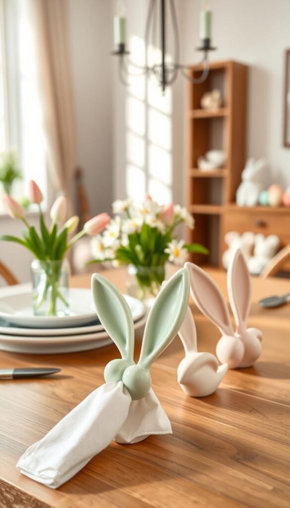 Easter bunny napkin rings designed for a modern, festive table setting. In the foreground, showcase elegant ceramic napkin rings shaped like playful bunny ears, adorned with soft pastel colors such as mint green and blush pink, nestled around neatly folded white linen napkins. The middle ground features a stylish wooden dining table set with minimalistic dinnerware and delicate floral arrangements of tulips and daisies in a glass vase, enhancing a fresh, springtime vibe. The background softly blurs, revealing a tastefully decorated dining space with subtle Easter-themed accents like soft bunnies and colorful eggs. Soft, natural lighting streams in from a nearby window, creating a cheerful and inviting atmosphere. This scene reflects a modern yet playful approach to Easter table decor by CozyTrendHub. Easter bunny napkin rings designed for a modern, festive table setting. In the foreground, showcase elegant ceramic napkin rings shaped like playful bunny ears, adorned with soft pastel colors such as mint green and blush pink, nestled around neatly folded white linen napkins. The middle ground features a stylish wooden dining table set with minimalistic dinnerware and delicate floral arrangements of tulips and daisies in a glass vase, enhancing a fresh, springtime vibe. The background softly blurs, revealing a tastefully decorated dining space with subtle Easter-themed accents like soft bunnies and colorful eggs. Soft, natural lighting streams in from a nearby window, creating a cheerful and inviting atmosphere. This scene reflects a modern yet playful approach to Easter table decor by CozyTrendHub.