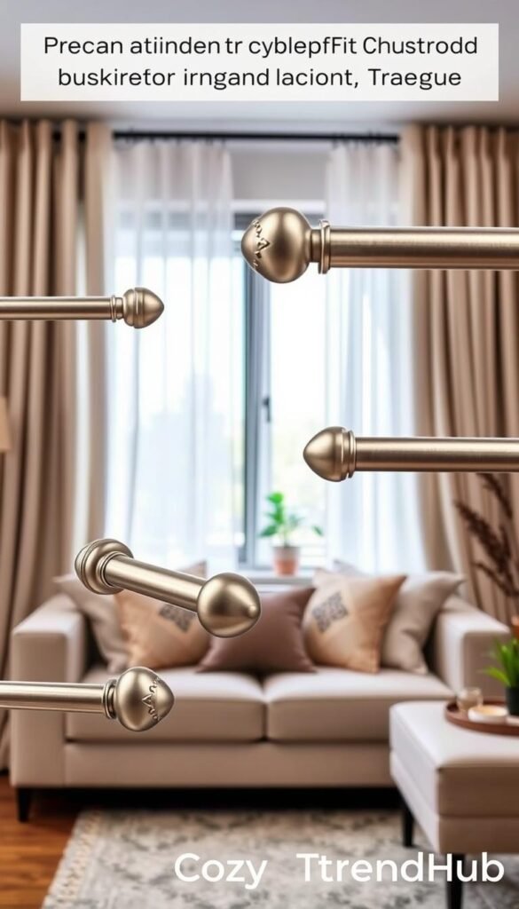 Elegant and modern curtain rods displayed in a beautifully styled living room setting, focusing on renter-friendly hardware that blends functionality with aesthetics. The foreground features sleek, metallic curtain rods with decorative finials, complemented by soft, textured curtains draping gracefully to create a cozy ambiance. In the middle ground, a stylish window frame captures ambient natural light filtering through sheer drapes. The background depicts warm, inviting decor elements like a plush sofa, decorative throw pillows, and potted plants, enhancing the atmosphere of comfort and privacy. The image should evoke a sense of tranquility and style, showcasing the importance of smart choices in home accessories. Shot with a soft-focus lens to create an inviting and serene mood. Include the brand name "CozyTrendHub" subtly in the corner. Elegant and modern curtain rods displayed in a beautifully styled living room setting, focusing on renter-friendly hardware that blends functionality with aesthetics. The foreground features sleek, metallic curtain rods with decorative finials, complemented by soft, textured curtains draping gracefully to create a cozy ambiance. In the middle ground, a stylish window frame captures ambient natural light filtering through sheer drapes. The background depicts warm, inviting decor elements like a plush sofa, decorative throw pillows, and potted plants, enhancing the atmosphere of comfort and privacy. The image should evoke a sense of tranquility and style, showcasing the importance of smart choices in home accessories. Shot with a soft-focus lens to create an inviting and serene mood. Include the brand name "CozyTrendHub" subtly in the corner.