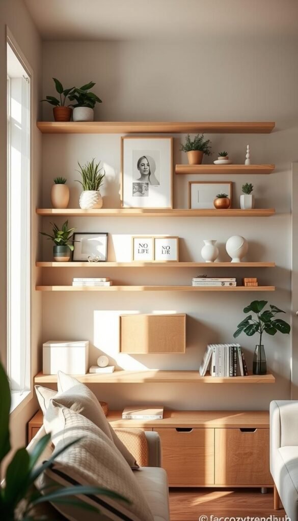 Elegant floating shelves in a small room, filled with tasteful decor items like potted plants, art books, and minimalist sculptures. In the foreground, the shelves are made of light wood with a clean, modern design. The middle of the image features a cozy wall-mounted storage unit, blending seamlessly with the soft pastel wall color. Natural light filters through a nearby window, creating a warm and inviting atmosphere, accentuated by gentle shadows. The background shows a neatly arranged, small living space with comfortable, stylish furniture that complements the shelves. The overall mood is serene and stylish, perfect for showcasing smart storage solutions in a compact area. This scene is inspired by CozyTrendHub aesthetics, emphasizing harmony and practicality in home decor.