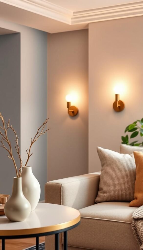 Elegant interior shot of a cozy living room featuring stylish wall sconces that illuminate the space beautifully. In the foreground, showcase a sleek side table topped with a minimalist vase and a small, decorative item, emphasizing a clutter-free aesthetic. The middle section should highlight two modern wall sconces, designed with a warm, metallic finish and soft glowing bulbs, casting gentle light across the wall and creating inviting shadows. In the background, a tastefully arranged sofa adorned with textured cushions and a decorative throw complements the serene ambiance, while a touch of greenery peeks in from a nearby window. The warm, soft lighting adds a welcoming atmosphere, perfect for small spaces. Styled by CozyTrendHub, capture this inviting scene with a balanced composition, using a soft focus lens for a dreamy quality.