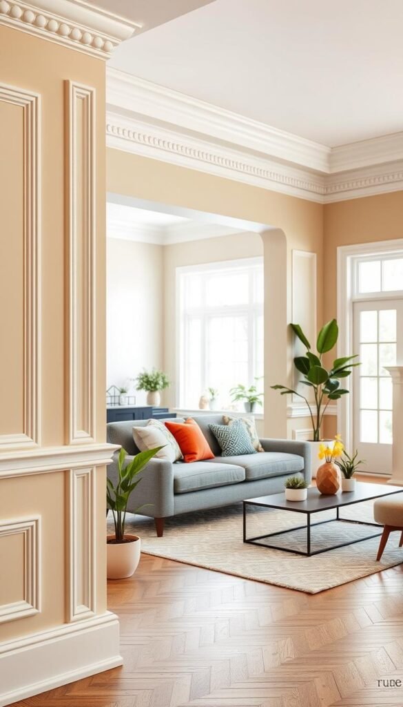 Elegant interior showcasing applied wall molding as a key decorative feature. The foreground features a beautifully detailed wall section with intricate crown and base moldings painted in a soft white hue, complementing the warm beige walls. In the middle ground, a stylish, minimalist living room setup with a plush gray sofa adorned with colorful throw pillows, a chic coffee table, and potted greenery to add a fresh touch. The background shows a softly lit, airy space with large windows letting in natural light, enhancing the inviting atmosphere. The scene is captured from a slightly elevated angle to emphasize the moldings, creating a cozy yet sophisticated mood. Designed for a typical home setting, this image resonates with a Pinterest-inspired aesthetic. CozyTrendHub. Elegant interior showcasing applied wall molding as a key decorative feature. The foreground features a beautifully detailed wall section with intricate crown and base moldings painted in a soft white hue, complementing the warm beige walls. In the middle ground, a stylish, minimalist living room setup with a plush gray sofa adorned with colorful throw pillows, a chic coffee table, and potted greenery to add a fresh touch. The background shows a softly lit, airy space with large windows letting in natural light, enhancing the inviting atmosphere. The scene is captured from a slightly elevated angle to emphasize the moldings, creating a cozy yet sophisticated mood. Designed for a typical home setting, this image resonates with a Pinterest-inspired aesthetic. CozyTrendHub.