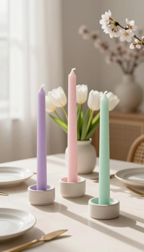 Elegant modern Easter candles arranged artfully on a chic dining table. In the foreground, three tall, slender candles in soft pastel shades of lavender, blush pink, and mint green stand in minimalistic ceramic holders with subtle texture. The middle ground features fresh spring florals, such as white tulips and delicate cherry blossoms, adding a seasonal touch. The background softly fades into a bright, airy room illuminated by natural light streaming through sheer curtains, casting gentle shadows and enhancing the cozy atmosphere. A subtle bokeh effect adds depth, creating an inviting yet sophisticated feel. Capture this scene with warm tones to evoke a sense of comfort and tranquility, reminiscent of a Pinterest-style lifestyle photo from CozyTrendHub.