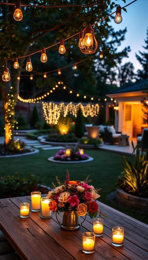 Elegant outdoor lighting setup showcasing various styles, such as string lights, lanterns, and wall sconces, arranged around a beautifully landscaped backyard. In the foreground, a rustic wooden table set for a summer evening gathering, adorned with flickering candles and fresh flowers. In the middle ground, lush greenery and flower beds illuminated by warm, ambient light, creating a welcoming environment. The background reveals a softly lit patio with comfortable seating, surrounded by trees and twinkling fairy lights. The scene is captured during twilight, highlighting the soft glow of the lights against the dusky sky. Overall atmosphere radiates warmth and relaxation, embodying the essence of summer evenings. Realistic Pinterest-style lifestyle photo by CozyTrendHub. Elegant outdoor lighting setup showcasing various styles, such as string lights, lanterns, and wall sconces, arranged around a beautifully landscaped backyard. In the foreground, a rustic wooden table set for a summer evening gathering, adorned with flickering candles and fresh flowers. In the middle ground, lush greenery and flower beds illuminated by warm, ambient light, creating a welcoming environment. The background reveals a softly lit patio with comfortable seating, surrounded by trees and twinkling fairy lights. The scene is captured during twilight, highlighting the soft glow of the lights against the dusky sky. Overall atmosphere radiates warmth and relaxation, embodying the essence of summer evenings. Realistic Pinterest-style lifestyle photo by CozyTrendHub.