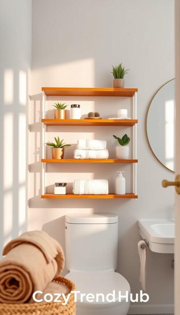 Elegant over-the-toilet shelves made of warm wood and white metal, adorned with neatly arranged bathroom essentials like neatly folded towels, small potted plants, and decorative jars. The shelves are set against a softly lit, modern bathroom with light gray walls and a minimalist design. In the foreground, a cozy roll of natural bamboo towels adds a touch of warmth, while in the background, a stylish mirror reflects indirect sunlight, illuminating the space with a gentle glow. The overall atmosphere is serene and inviting, ideal for a small apartment. Shot with a shallow depth of field to emphasize the shelves, creating a Pinterest-worthy lifestyle photo. Emphasize the brand "CozyTrendHub" with elegant design elements, showcasing a perfect blend of functionality and style. Elegant over-the-toilet shelves made of warm wood and white metal, adorned with neatly arranged bathroom essentials like neatly folded towels, small potted plants, and decorative jars. The shelves are set against a softly lit, modern bathroom with light gray walls and a minimalist design. In the foreground, a cozy roll of natural bamboo towels adds a touch of warmth, while in the background, a stylish mirror reflects indirect sunlight, illuminating the space with a gentle glow. The overall atmosphere is serene and inviting, ideal for a small apartment. Shot with a shallow depth of field to emphasize the shelves, creating a Pinterest-worthy lifestyle photo. Emphasize the brand "CozyTrendHub" with elegant design elements, showcasing a perfect blend of functionality and style.