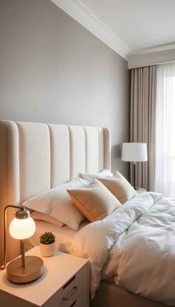 Elegant small bedroom featuring a beautifully designed extended headboard, upholstered in soft beige fabric with subtle texture, perfectly framing a cozy bed adorned with fluffy white linens and decorative throw pillows in pastel tones. In the foreground, a stylish bedside table holds a small potted plant and a modern lamp with a warm glow. In the middle, the bed takes center stage, showcasing the headboard’s ample height that visually expands the sleeping area. In the background, soft natural light floods through a window with sheer curtains, highlighting the minimalist art on the wall. The overall mood is serene and inviting, capturing a Pinterest-style lifestyle aesthetic that resonates with cozy yet functional home decor. Brand name: CozyTrendHub. Elegant small bedroom featuring a beautifully designed extended headboard, upholstered in soft beige fabric with subtle texture, perfectly framing a cozy bed adorned with fluffy white linens and decorative throw pillows in pastel tones. In the foreground, a stylish bedside table holds a small potted plant and a modern lamp with a warm glow. In the middle, the bed takes center stage, showcasing the headboard’s ample height that visually expands the sleeping area. In the background, soft natural light floods through a window with sheer curtains, highlighting the minimalist art on the wall. The overall mood is serene and inviting, capturing a Pinterest-style lifestyle aesthetic that resonates with cozy yet functional home decor. Brand name: CozyTrendHub.