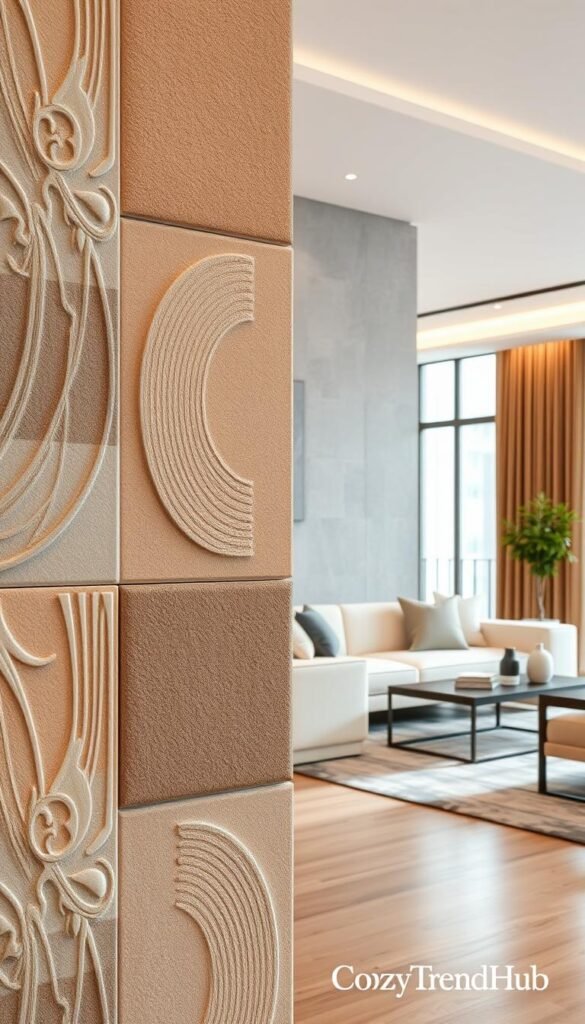 Elegant wall panels designed to absorb sound waves, showcasing a modern, stylish living space. In the foreground, textured acoustic panels in warm tones of beige and soft grey are artfully arranged, with subtle decorative patterns enhancing their aesthetic appeal. The middle ground features a chic, minimalist sofa and a coffee table adorned with decorative items, creating a cozy atmosphere. In the background, a well-lit room with large windows allows natural light to flood in, highlighting the wall panels' design. The scene conveys tranquility and sophistication, perfect for a stylish yet functional home. Captured with a soft focus effect, the lighting creates a warm ambiance, ideal for a Pinterest-style lifestyle photo by CozyTrendHub. Elegant wall panels designed to absorb sound waves, showcasing a modern, stylish living space. In the foreground, textured acoustic panels in warm tones of beige and soft grey are artfully arranged, with subtle decorative patterns enhancing their aesthetic appeal. The middle ground features a chic, minimalist sofa and a coffee table adorned with decorative items, creating a cozy atmosphere. In the background, a well-lit room with large windows allows natural light to flood in, highlighting the wall panels' design. The scene conveys tranquility and sophistication, perfect for a stylish yet functional home. Captured with a soft focus effect, the lighting creates a warm ambiance, ideal for a Pinterest-style lifestyle photo by CozyTrendHub.