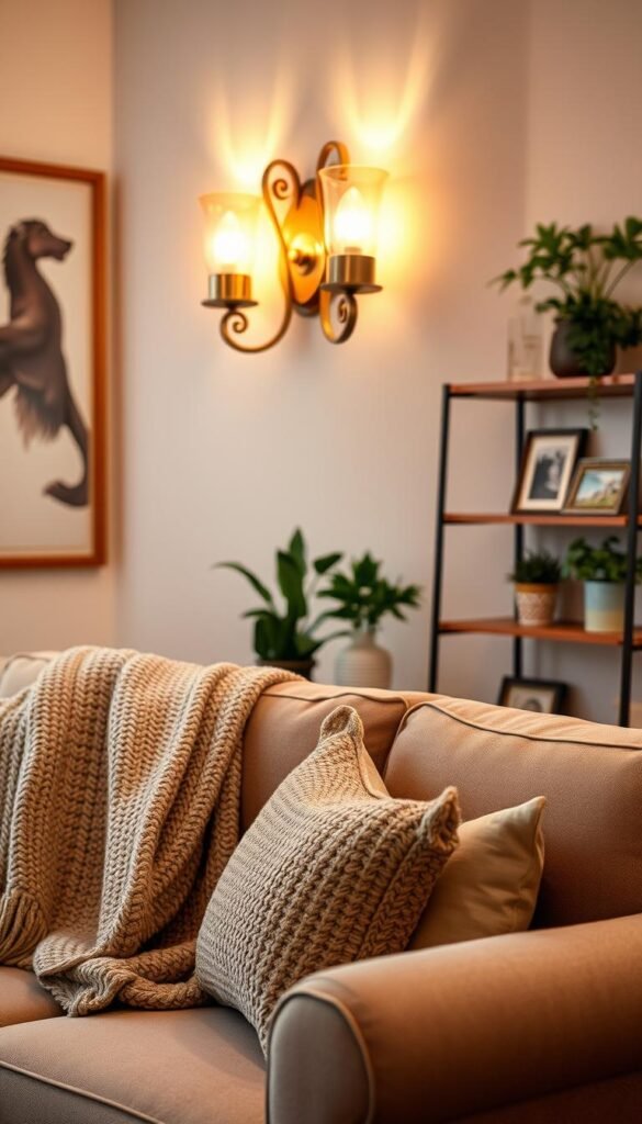 Elegant wall sconces adorning a cozy living room with soft, warm ambient lighting. In the foreground, two stylish sconces with intricate designs and a brushed brass finish, emitting a gentle glow. In the middle ground, a plush couch draped with a knitted throw and an assortment of decorative pillows, enhancing the inviting atmosphere. The background features a tastefully decorated bookshelf with potted plants and framed pictures. The scene is softly illuminated, creating a serene and inviting mood, perfect for comfort lighting ideas. Shot with a 50mm lens at a warm, golden hour angle to accentuate the textures and warmth, embodying the essence of cozy living. No text or watermarks, by CozyTrendHub.