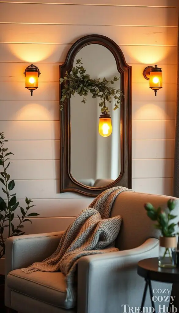 Elegant wall sconces made of weathered brass with soft, warm amber glass shades, glowing softly against a rustic white shiplap wall. The sconces are flanking a vintage wooden framed mirror adorned with dried eucalyptus and soft greenery. In the foreground, a cozy armchair in light gray fabric is draped with a knitted throw blanket. A small potted plant on a side table complements the setting. The image captures warm, inviting ambient lighting, suggesting a peaceful evening atmosphere. Using a warm color palette, the photo is styled in a Pinterest-worthy lifestyle setting, with a shallow depth of field focused on the sconces, creating a sense of intimacy and coziness. Ideal for the theme of stylish home decor by CozyTrendHub.