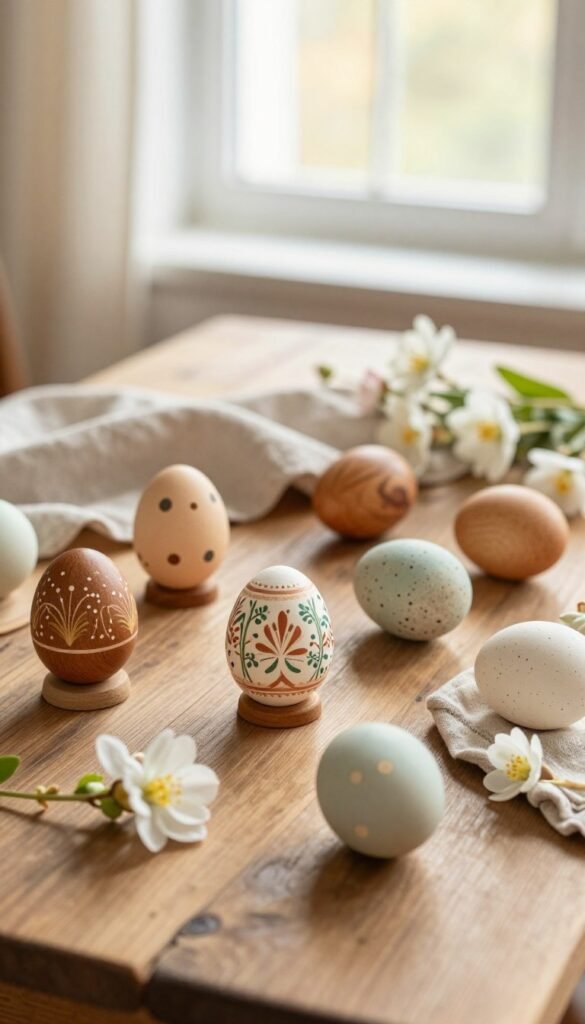 Elevated egg pieces elegantly arranged on a rustic wooden table, featuring a variety of textures and colors. Include hand-painted eggs with intricate designs, matte finish wooden eggs, and natural stone-like eggs. Surround them with soft, neutral-toned linens and delicate spring flowers in pastel hues, creating a stylish atmosphere. In the background, a softly blurred, sunlit window lets in warm, natural light, adding to the inviting ambiance. Use a shallow depth of field to focus on the egg decor, with a warm color palette to evoke a cozy, festive feel. Capture this scene in a Pinterest-style aesthetic that embodies tasteful Easter decor, perfect for CozyTrendHub. Elevated egg pieces elegantly arranged on a rustic wooden table, featuring a variety of textures and colors. Include hand-painted eggs with intricate designs, matte finish wooden eggs, and natural stone-like eggs. Surround them with soft, neutral-toned linens and delicate spring flowers in pastel hues, creating a stylish atmosphere. In the background, a softly blurred, sunlit window lets in warm, natural light, adding to the inviting ambiance. Use a shallow depth of field to focus on the egg decor, with a warm color palette to evoke a cozy, festive feel. Capture this scene in a Pinterest-style aesthetic that embodies tasteful Easter decor, perfect for CozyTrendHub.