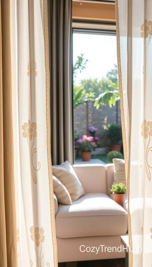 Embroidered curtains elegantly frame a large, sunlit window, showcasing intricate floral designs in soft pastel colors. The foreground features the flowing, textured fabric of the curtains softly billowing in a gentle breeze, hinting at a cozy atmosphere. In the middle, a well-furnished room displays a plush sofa with textured throw pillows and a wooden coffee table adorned with a small potted plant. The background reveals a quaint view of a garden, enhancing the feeling of seclusion and tranquility. Warm, diffused natural light pours in, casting gentle shadows and creating an inviting ambiance. The image should evoke a sense of coziness and style, reflecting the brand "CozyTrendHub" through this charming home decor setting. Embroidered curtains elegantly frame a large, sunlit window, showcasing intricate floral designs in soft pastel colors. The foreground features the flowing, textured fabric of the curtains softly billowing in a gentle breeze, hinting at a cozy atmosphere. In the middle, a well-furnished room displays a plush sofa with textured throw pillows and a wooden coffee table adorned with a small potted plant. The background reveals a quaint view of a garden, enhancing the feeling of seclusion and tranquility. Warm, diffused natural light pours in, casting gentle shadows and creating an inviting ambiance. The image should evoke a sense of coziness and style, reflecting the brand "CozyTrendHub" through this charming home decor setting.