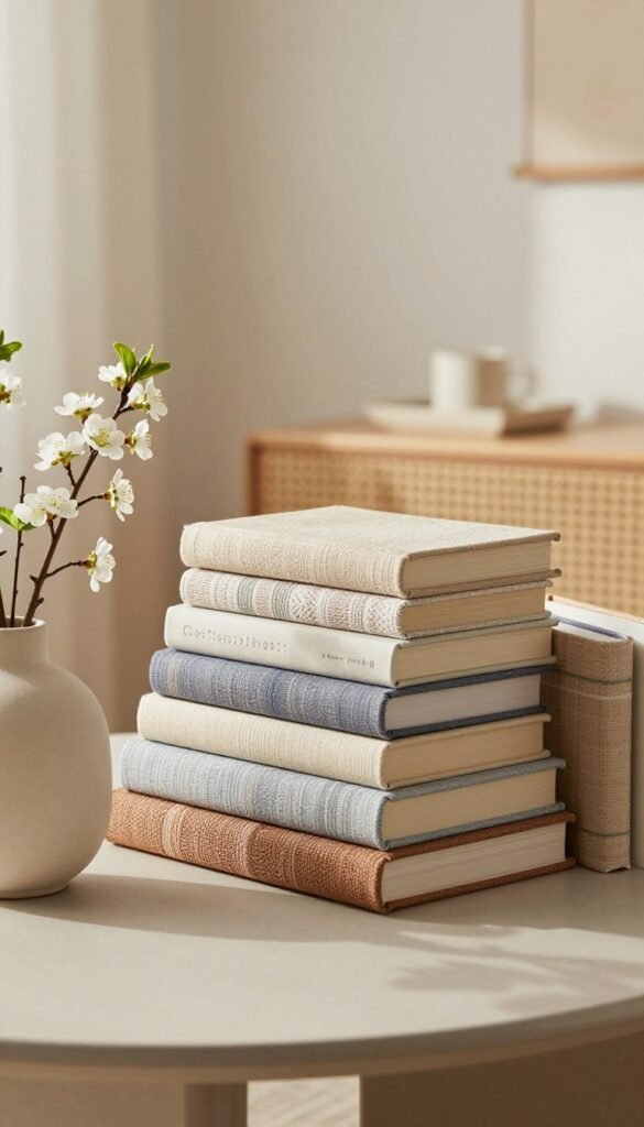 Fabric-covered decorative books stacked artistically on a clean, modern coffee table, showcasing a variety of textures and colors such as soft pastels and earthy tones. The foreground includes an elegant ceramic vase with spring flowers, adding a fresh touch. In the middle ground, the books vary in size, some with intricate, woven fabric covers and others with minimalist patterns, styled to create height and interest while subtly hiding everyday clutter. The background features a softly blurred, light-filled room with minimalist decor elements, embodying a cozy yet modern atmosphere. The lighting is warm and natural, creating a welcoming ambience, reminiscent of Pinterest lifestyle photos. Shot with a 50mm lens to enhance detail and focus, capturing the essence of minimalist spring decor essentials from CozyTrendHub.