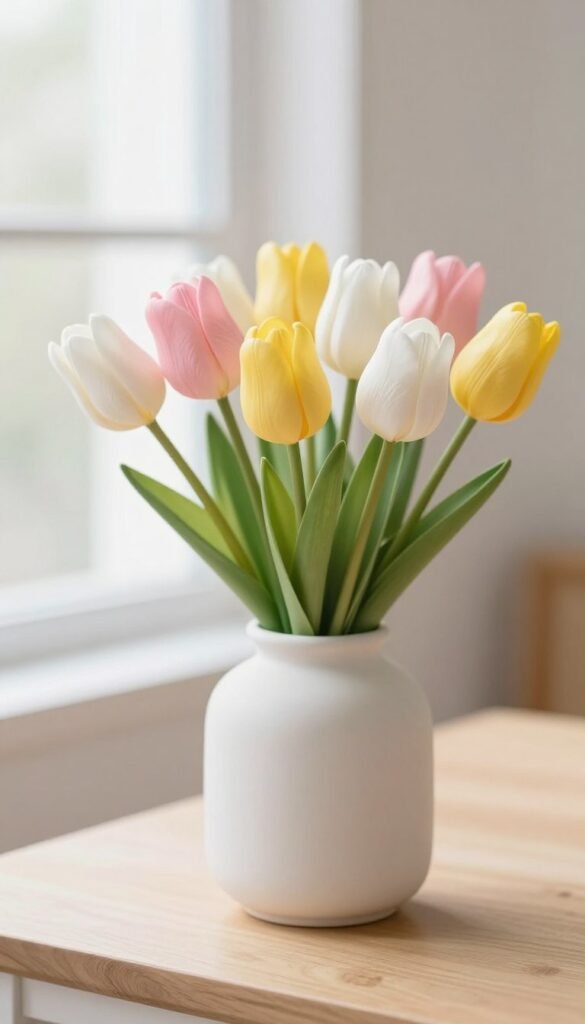 Faux tulips arranged artfully in a minimalist vase, capturing the essence of spring. The foreground features delicate, lifelike faux tulips in soft pastels&mdash;pinks, yellows, and whites&mdash;each petal meticulously detailed to mirror real flowers. In the middle ground, a smooth, modern ceramic vase rests atop a light wooden surface, enhancing a clean aesthetic. The background fades into a softly blurred, airy space with hints of soft natural light streaming in from a window, creating a serene, inviting atmosphere. The composition should evoke freshness and tranquility, reflecting a modern spring decor essence. Style the image to resonate with CozyTrendHub&rsquo;s brand ethos, emphasizing simplicity and elegance. Use a shallow depth of field to focus on the tulips, showcasing their realistic textures without any distractions.