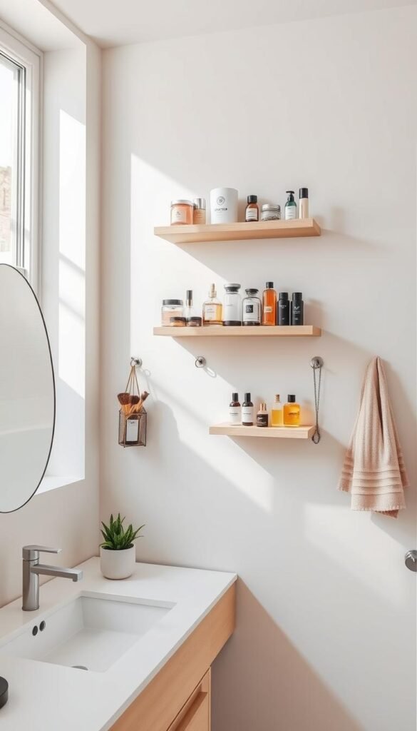 Floating shelves elegantly display an array of neatly organized beauty products, such as jars, brushes, and perfumes, in a modern, clutter-free vanity area. The foreground features a sleek, white countertop with minimalistic decor, like a small potted plant and a stylish mirror. In the middle, the floating shelves, made of light wood, showcase an aesthetically pleasing arrangement, surrounded by wall hooks that hold trendy accessories like towels and jewelry. The background highlights a softly painted wall in a pastel hue, creating a calming atmosphere. Natural sunlight filters in through a nearby window, casting gentle shadows and enhancing the warm, inviting mood of the space. This image captures the essence of smart organization in small spaces, perfect for a stylish home decor inspiration. Styled by CozyTrendHub.