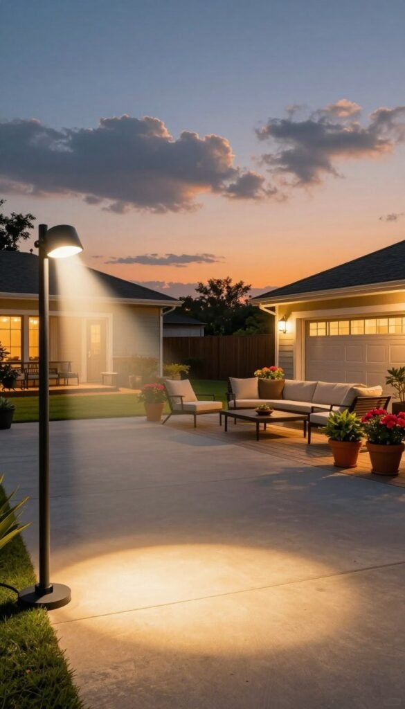 Floodlights illuminating a spacious backyard at dusk, showcasing wide coverage over a large deck and garage. In the foreground, a modern floodlight mounted on a sleek pole casts bright, warm light that creates inviting pools of illumination on the ground. The middle of the scene features a well-maintained deck with stylish outdoor furniture, including a cozy seating area and vibrant potted plants, reflecting a summer evening ambiance. The background captures a neatly trimmed lawn and a garage, subtly lit to enhance the safety and aesthetic. The sky transitions from orange to deep blue, filled with soft, fluffy clouds. Shot with a wide-angle lens to convey depth and serenity, the overall mood is warm and inviting, perfect for summer gatherings. The image embodies the spirit of CozyTrendHub home decor and outdoor living.