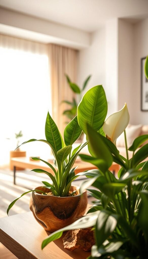 Foreground: A delicate arrangement of various indoor plants including a lush snake plant and a vibrant peace lily, with textured natural wood accents like a hand-carved wooden bowl. Middle: A cozy, modern living room setting featuring a light, neutral color palette with an earthy wooden coffee table adorned with minimalistic decor. Background: A large window with sheer curtains allowing soft, warm sunlight to filter through, highlighting the greenery and creating a serene atmosphere. The scene conveys tranquility and comfort, perfect for a relaxing home environment. The composition should evoke a Pinterest-worthy aesthetic with gentle shadows, a shallow depth of field focusing on plants, capturing the essence of CozyTrendHub's decor style. Foreground: A delicate arrangement of various indoor plants including a lush snake plant and a vibrant peace lily, with textured natural wood accents like a hand-carved wooden bowl. Middle: A cozy, modern living room setting featuring a light, neutral color palette with an earthy wooden coffee table adorned with minimalistic decor. Background: A large window with sheer curtains allowing soft, warm sunlight to filter through, highlighting the greenery and creating a serene atmosphere. The scene conveys tranquility and comfort, perfect for a relaxing home environment. The composition should evoke a Pinterest-worthy aesthetic with gentle shadows, a shallow depth of field focusing on plants, capturing the essence of CozyTrendHub's decor style.